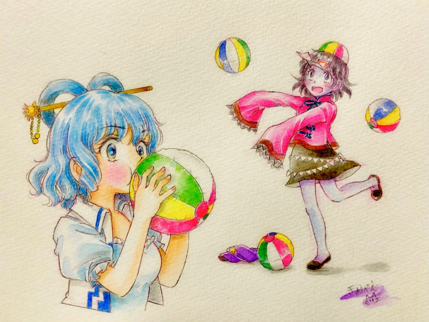 2girls, :d, alternate_headwear, ball, beachball, blowing, blue_eyes, blue_hair