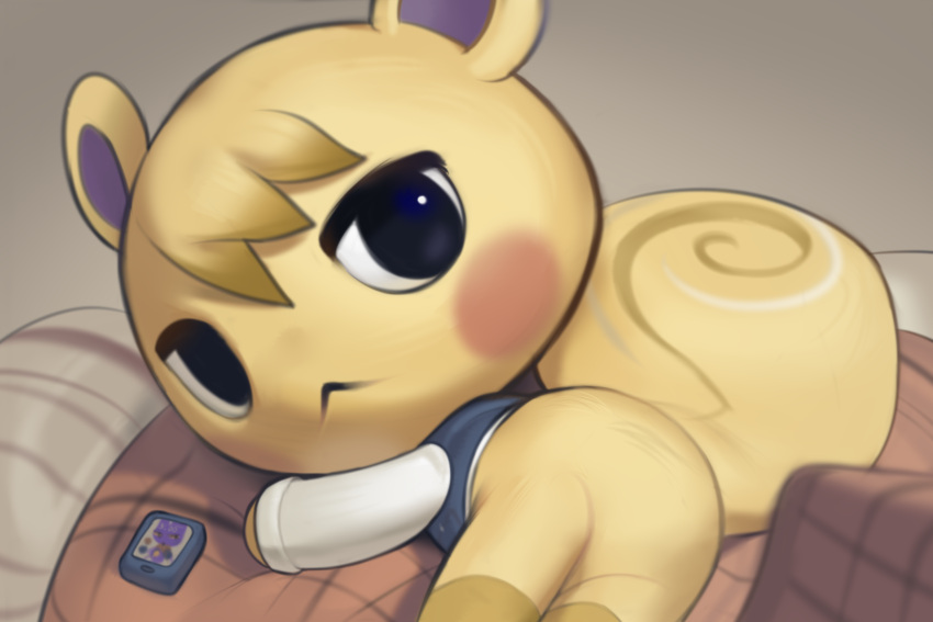 1boy, :<, animal_crossing, animal_ears, ass, bangs, beige_background, black_eyes