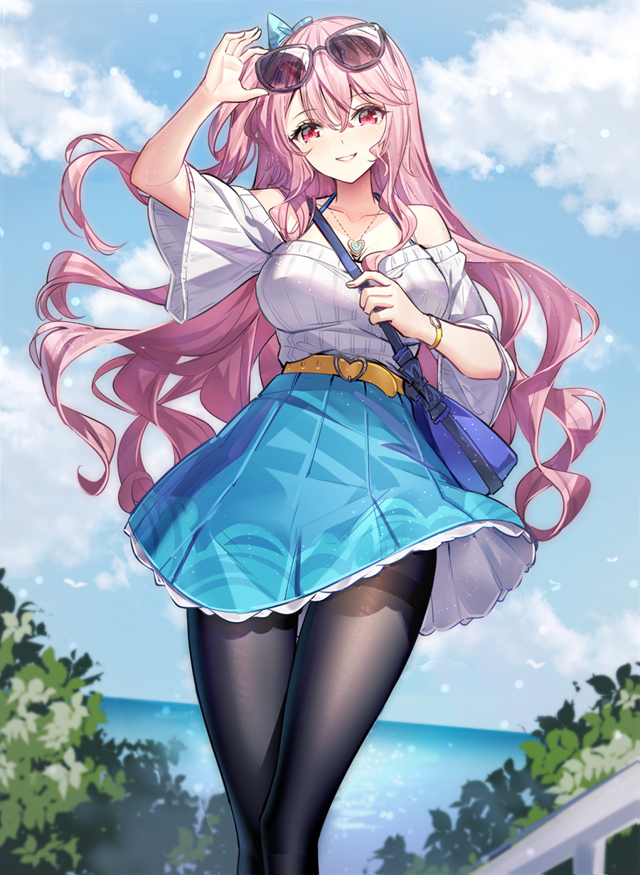 1girl, arm_up, bag, bangs, bare_shoulders, black-framed_eyewear, black_legwear, blue_bow