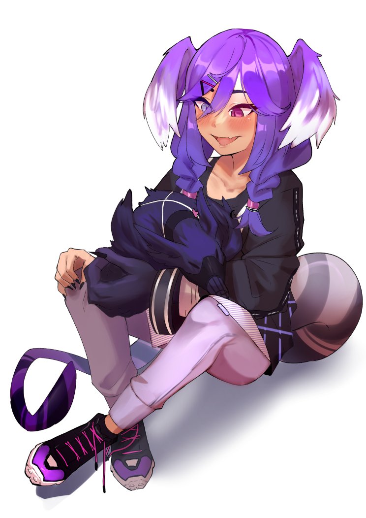 1girl, animal, big_brother, black_footwear, black_nails, blue_eyes, blush, braid, collarbone, dragon, ember_(selen_tatsuki), english_commentary, fang, hair_ornament, hairclip, head_wings, heterochromia, holding, holding_animal, medium_hair, muzzle, nijisanji, nijisanji_en, open_mouth, pants, purple_pants, selen_tatsuki, skin_fang, smile, solo, tail, twin_braids, untied_footwear, violet_eyes, virtual_youtuber, white_background