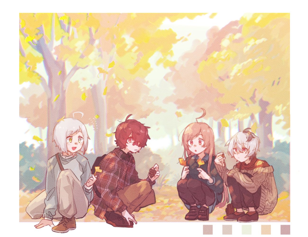 2boys, 2girls, acorn, ahoge, autumn_leaves, bag, bandaid, bandaid_on_nose, black_sweater, blue_eyes, brown_pants, brown_sweater, color_guide, commentary, falling_leaves, flower_(vocaloid), flower_(vocaloid4), fukase, ginkgo_leaf, green_eyes, heterochromia, holding, holding_leaf, hugging_own_legs, leaf, long_hair, looking_at_viewer, mi_no_take, multicolored_hair, multiple_boys, multiple_girls, pants, pinecone, pink_eyes, pink_hair, plaid, plaid_shirt, red_eyes, redhead, scenery, school_bag, sf-a2_miki, shirt, short_hair, shoulder_bag, squatting, streaked_hair, sweater, tree, utatane_piko, vocaloid, white_hair, yellow_leaves