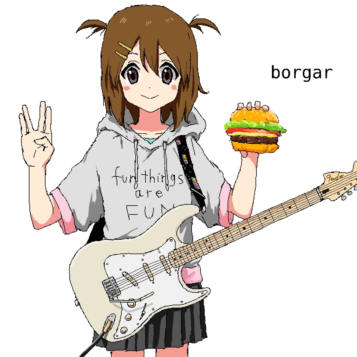 aiu404l, artist_name, black_skirt, blush, brown_eyes, brown_hair, burger, cowboy_shot