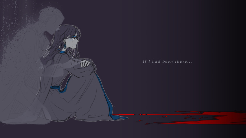1boy, 1girl, arms_on_knees, black_background, black_cape, black_dress, black_hair, blood