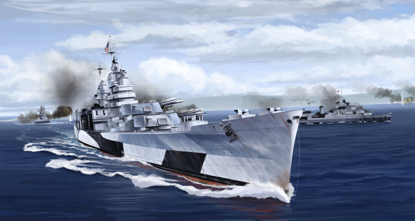 american_flag, anchor, antenna_mast, cannon, dazzle_paint, highres, hms_glasgow_(c21), military