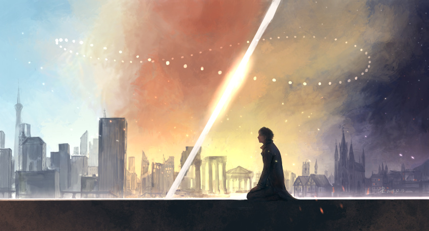 1boy, analemma, backlighting, black_hair, black_jacket, building, cathedral, chinese_commentary