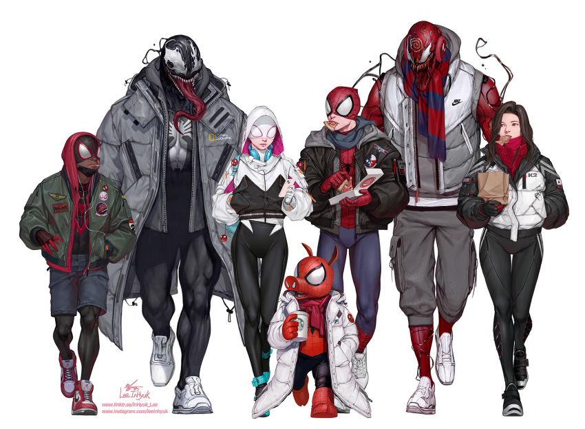 2girls, 5boys, adapted_costume, backpack, bag, black_hair, bodysuit, bodysuit_under_clothes