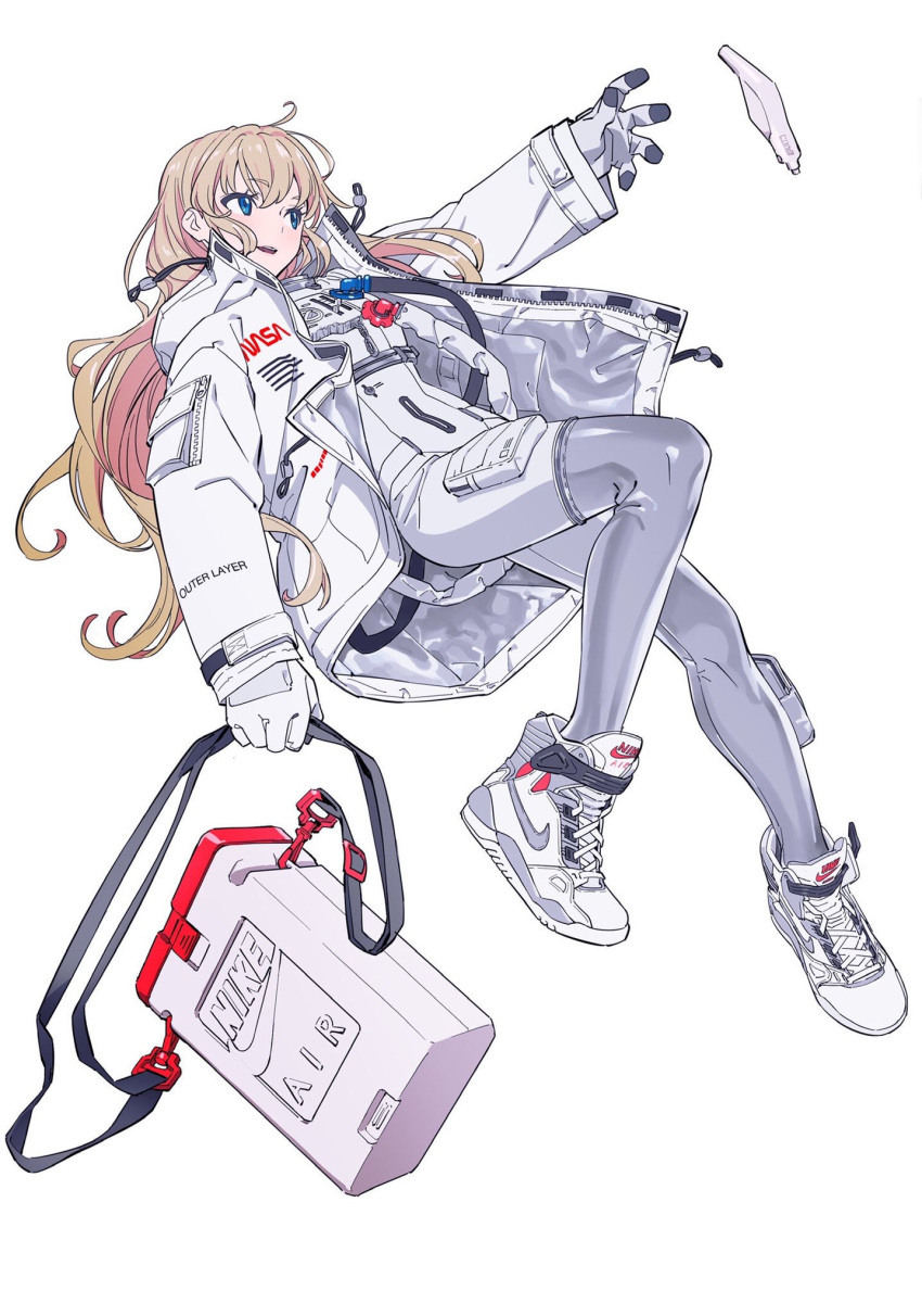 1girl, astronaut, blonde_hair, blue_eyes, bodysuit, boots, commentary_request, container, full_body, gloves, heron_preston, highres, hose, jacket, long_hair, nasa_logo, nike, original, photoshop_(medium), shoes, simple_background, sneakers, solo, spacesuit, tarou2, white_background, white_footwear, white_gloves, white_jacket, zipper, zipper_pull_tab