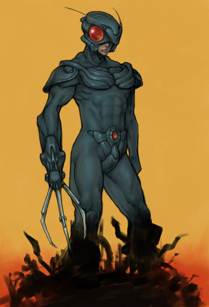 1boy, armor, claw_(weapon), closed_mouth, covered_abs, covered_navel, frown, helmet
