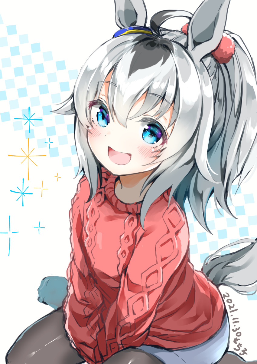 1girl, absurdres, ahoge, animal_ears, artist_name, bangs, black_legwear, blue_eyes