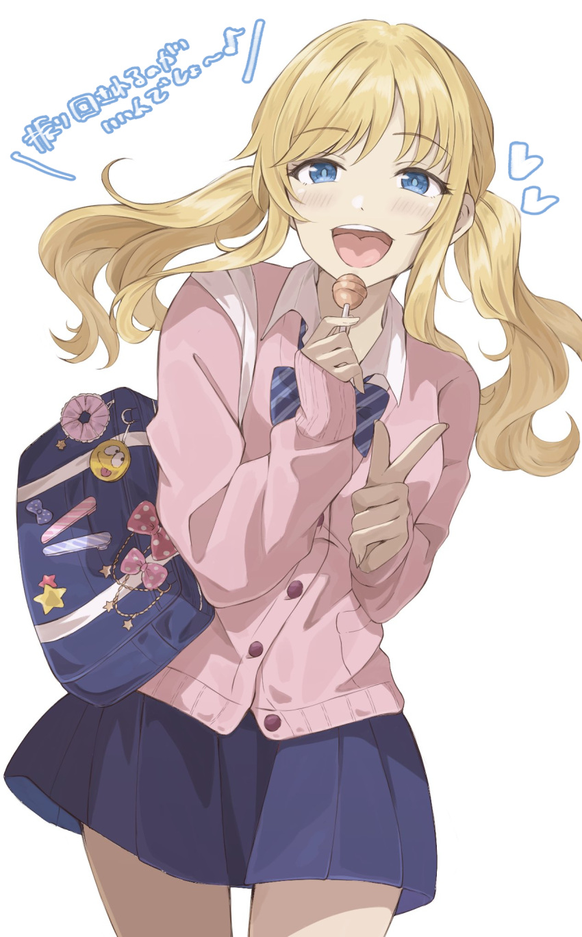 1girl, :d, bag, bangs, black_skirt, blonde_hair, blue_bag, blue_bow