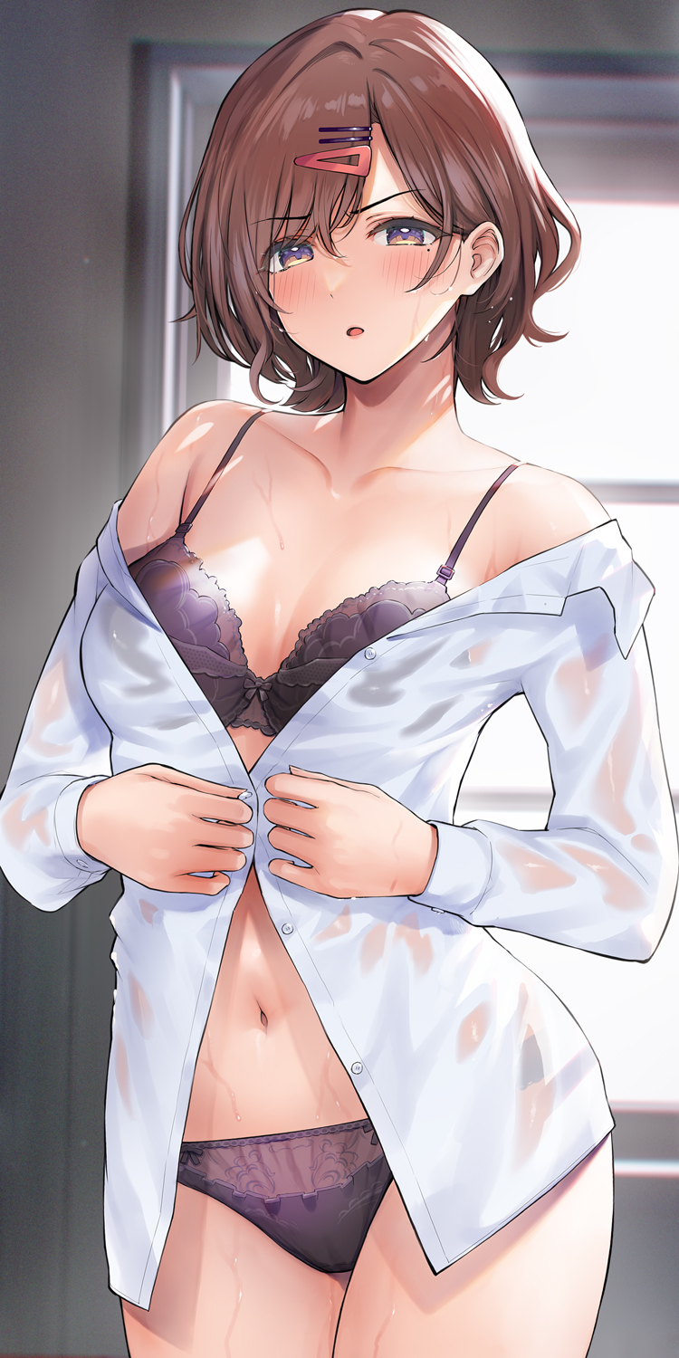 1girl, :o, blush, bra, collarbone, cowboy_shot, hair_ornament, hairclip