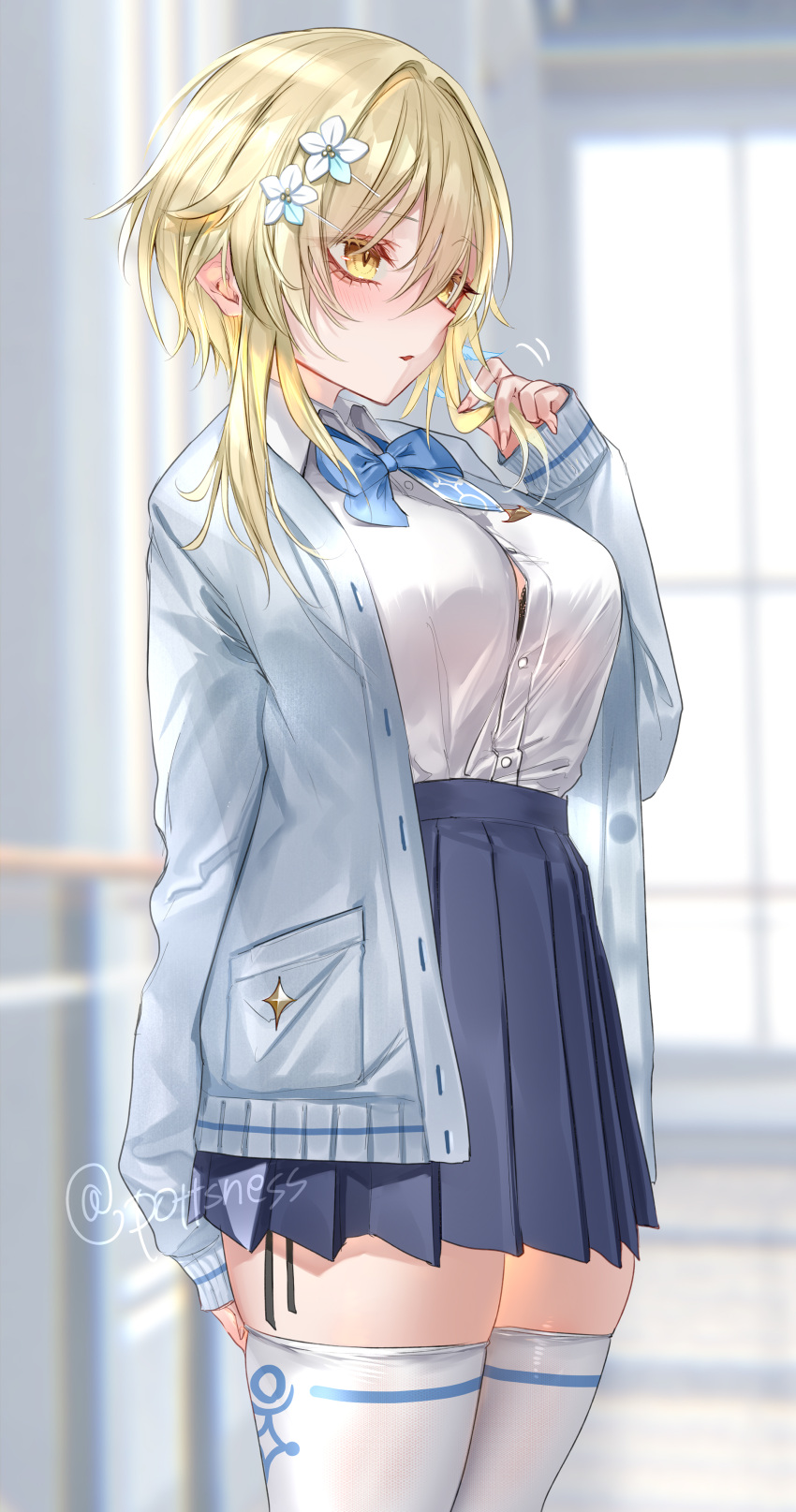 1girl, absurdres, bangs, black_bra, blonde_hair, blue_jacket, blue_skirt, blurry