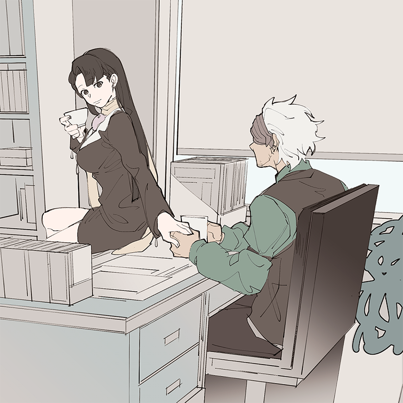 ace_attorney, brown_hair, cup, dark-skinned_male, dark_skin, desk, godot_(ace_attorney), holding_hands