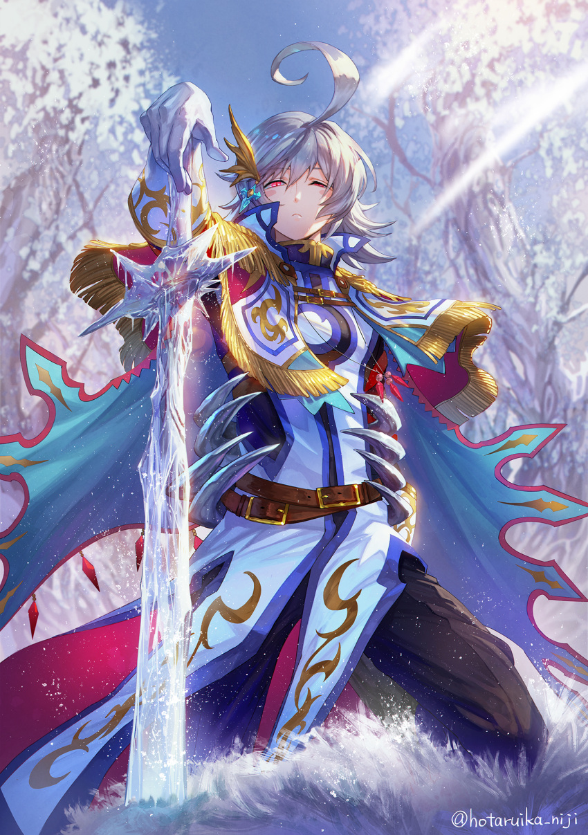 1boy, ahoge, alloces_(megido72), belt, black_pants, capelet, commentary_request, crystal_sword