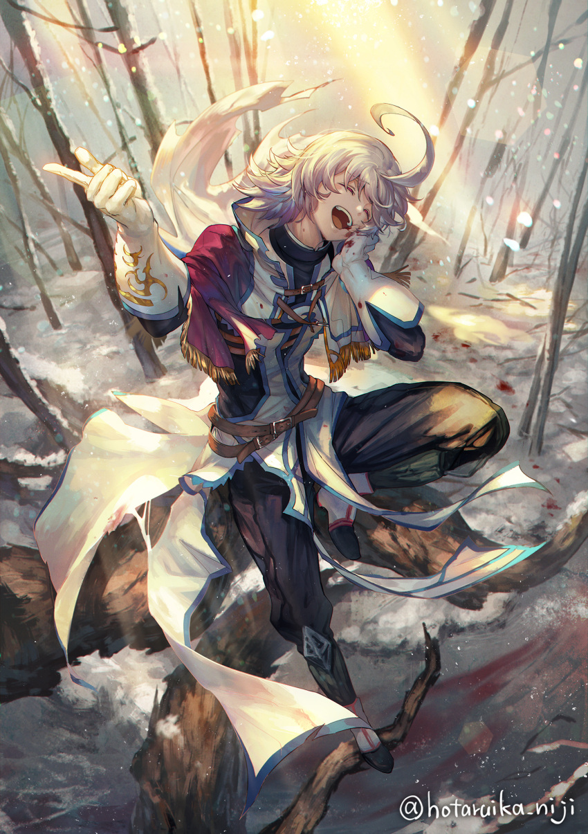 1boy, ahoge, alloces_(megido72), belt, black_pants, blood, blood_on_clothes, capelet