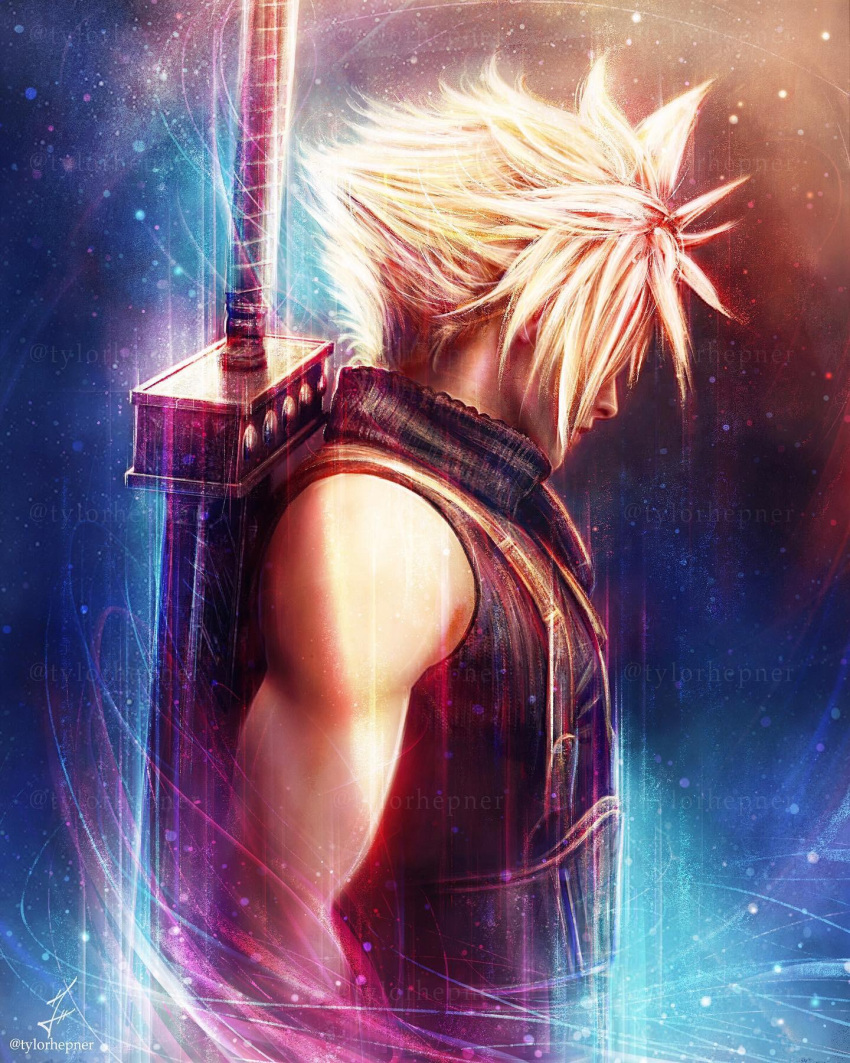 1boy, artist_name, black_shirt, blonde_hair, blue_background, buster_sword, cloud_strife, commentary
