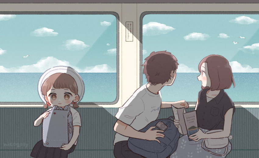 1boy, 2girls, artist_name, backpack, bag, bangs, bird, black_pants