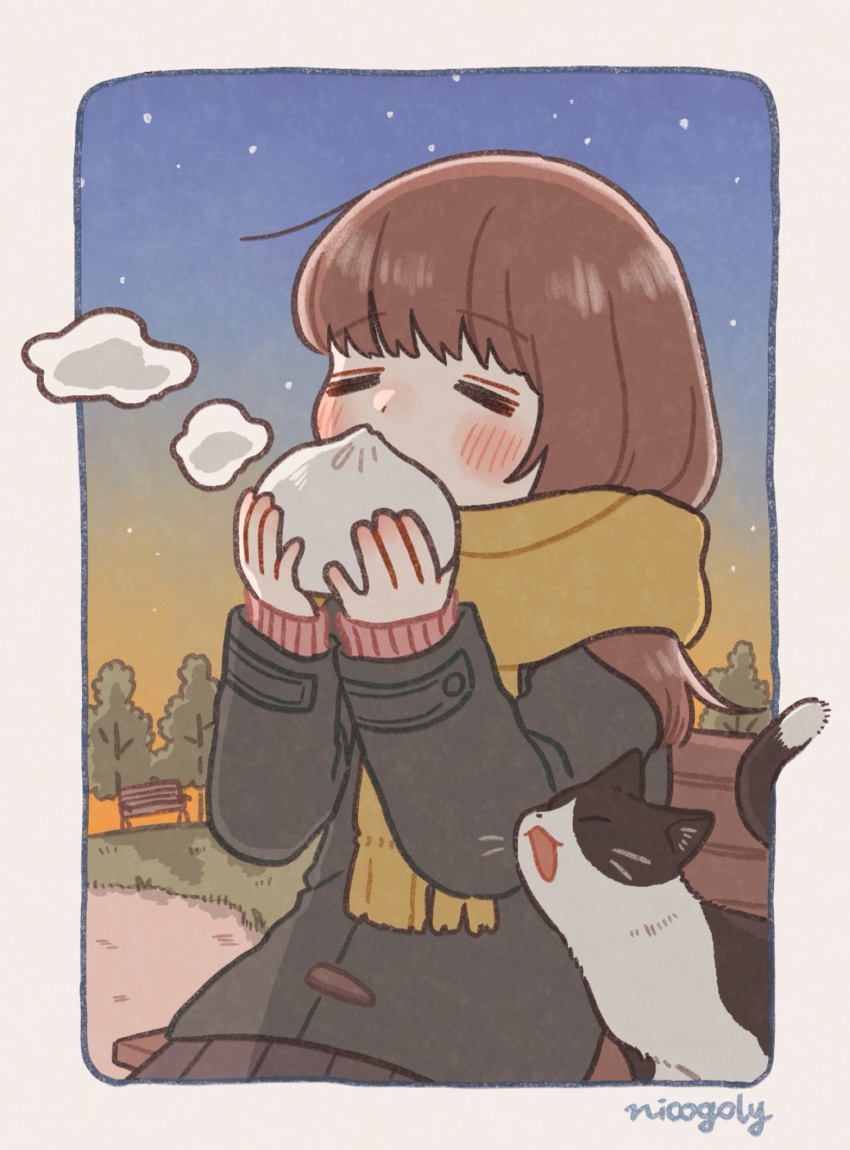 1girl, artist_name, bangs, baozi, bench, blush, brown_hair, cat