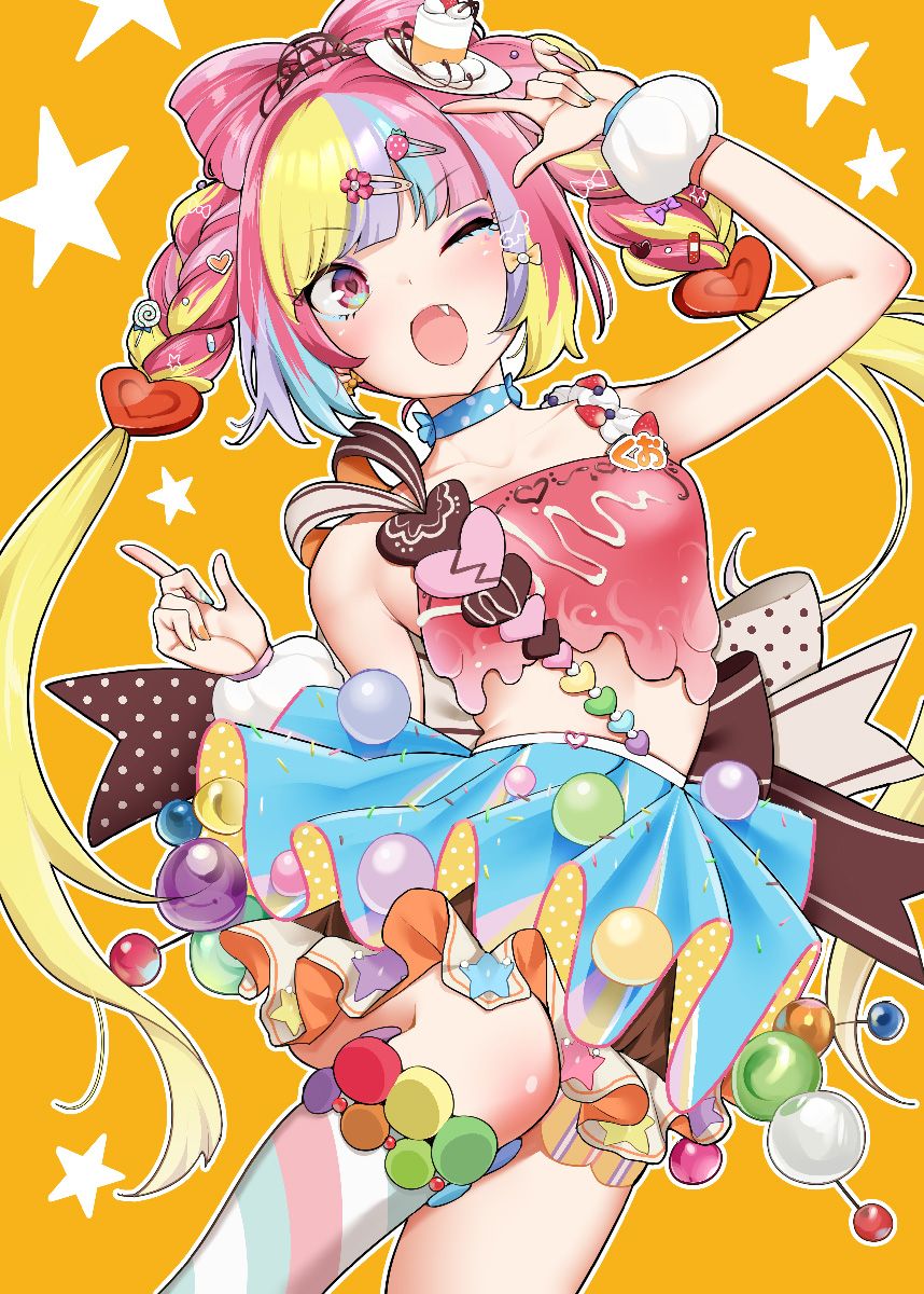 1girl, ;d, artist_request, bandaid_hair_ornament, bangs, beads, blue_skirt, blueberry