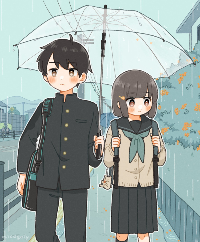 1boy, 1girl, artist_name, bag, bag_charm, bangs, black_bag, black_hair