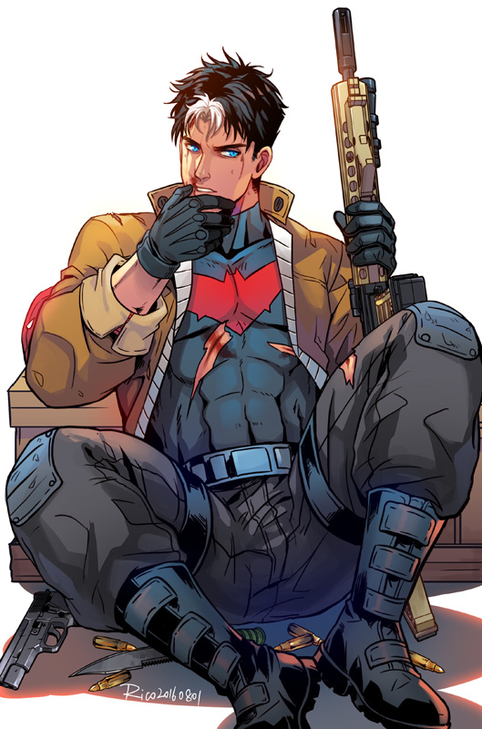 1boy, abs, batman_(series), belt, black_gloves, black_hair, black_pants, black_shirt
