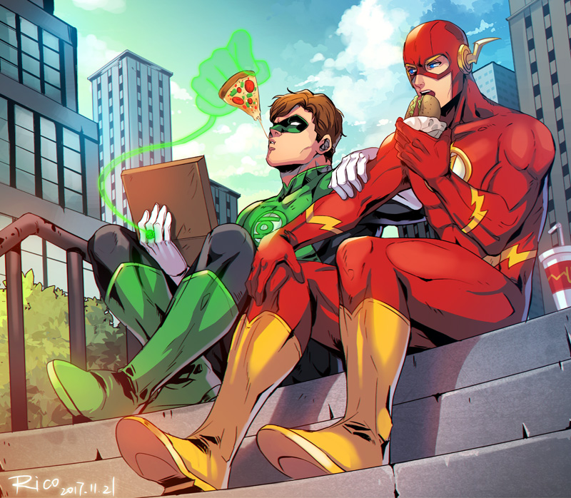 2boys, barry_allen, black_bodysuit, blue_eyes, bodysuit, boots, brown_hair, clouds