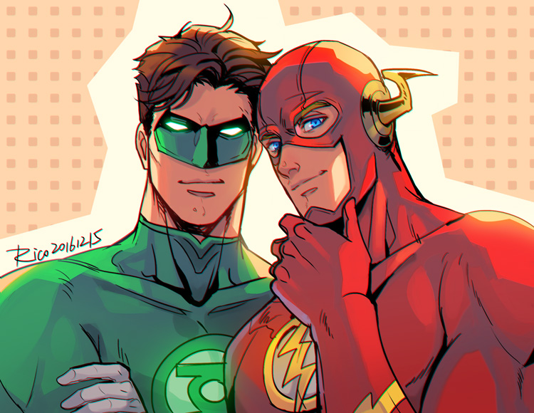 2boys, barry_allen, blue_eyes, bodysuit, brown_hair, closed_mouth, domino_mask, gloves