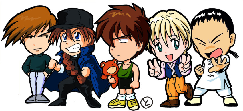 5boys, bangs, belt, black_belt, black_eyes, black_hair, black_pants, black_shorts