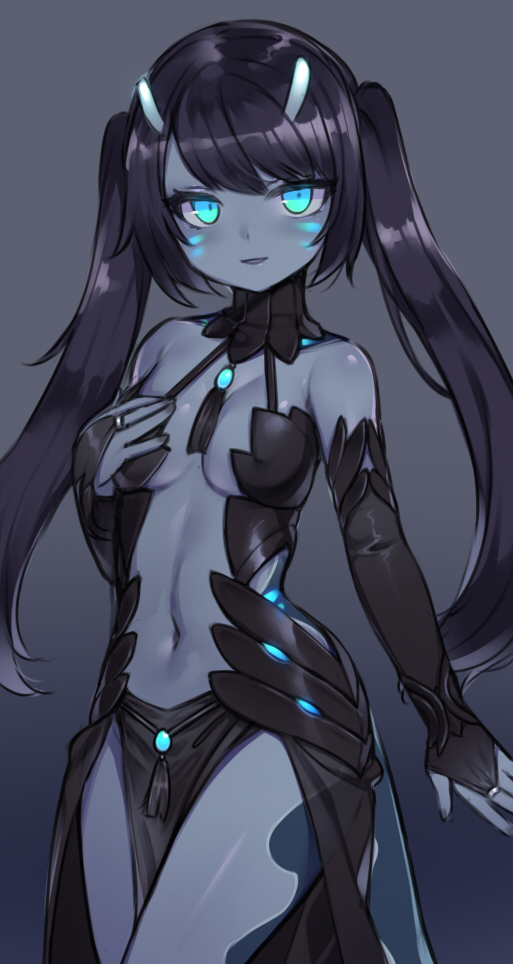 1girl, bare_shoulders, black_hair, blue_eyes, breasts, bridal_gauntlets, character_name, colored_skin