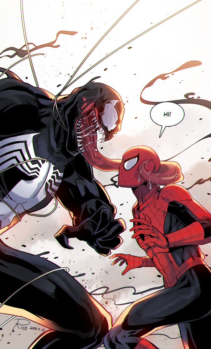 2boys, black_bodysuit, bodysuit, eddie_brock, long_tongue, looking_at_another, male_focus, marvel