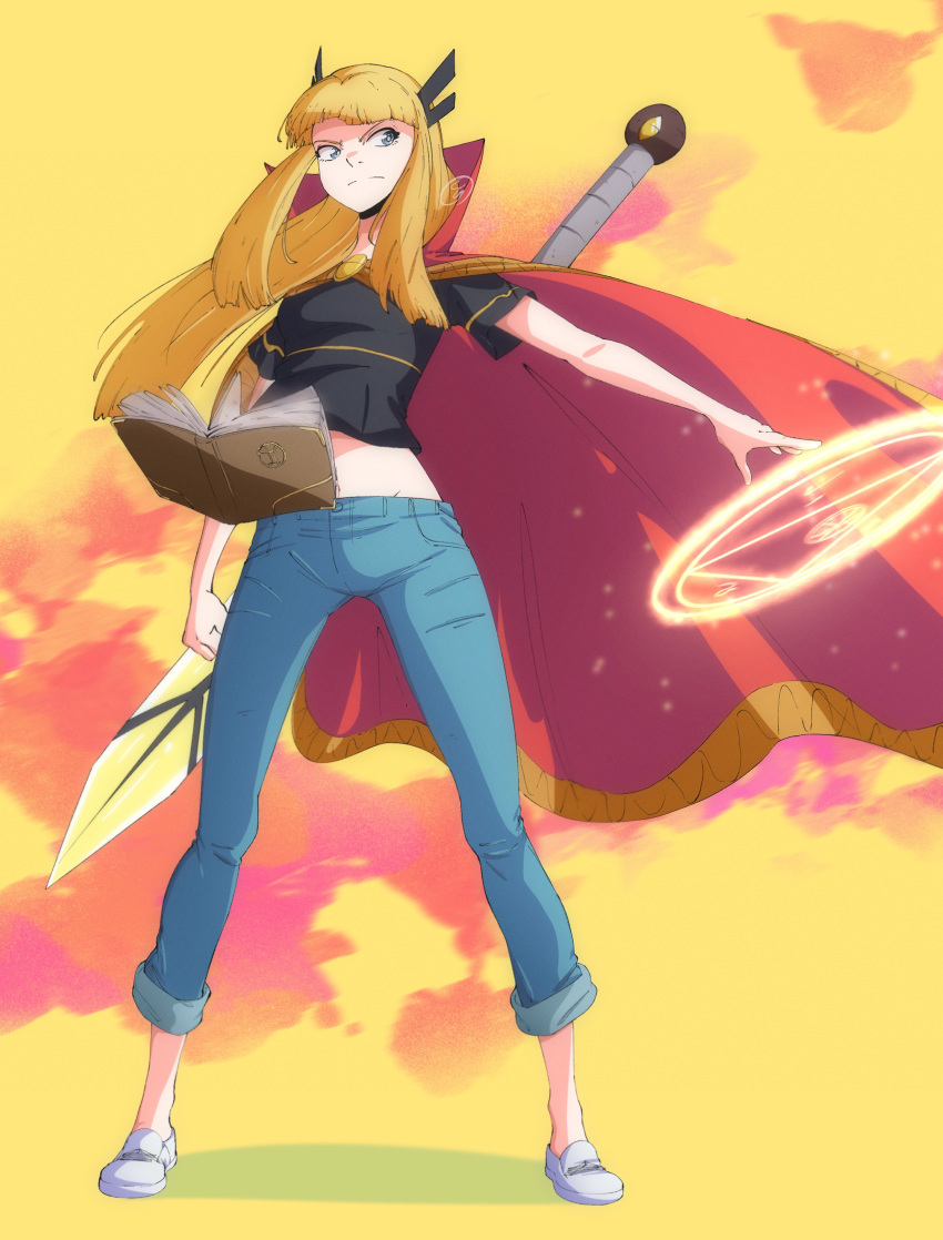 1girl, absurdres, bangs, black_shirt, blonde_hair, blue_eyes, book, cape