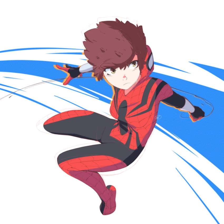 1girl, absurdres, airborne, bangs, bodysuit, brown_eyes, brown_hair, clenched_hand, frown, highres, holding, holding_rope, marvel, mask, mask_removed, mayday_parker, open_hand, red_bodysuit, rope, short_hair, solo, spider-girl, spider-man_(series), spider_web_print, superhero, thejg