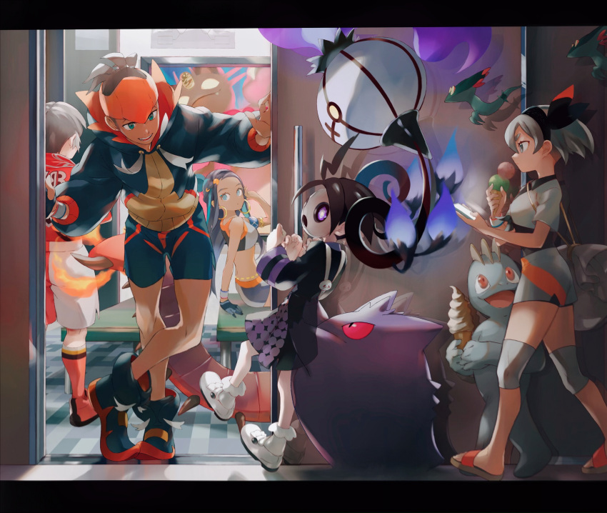 2girls, 3boys, ahoge, allister_(pokemon), bangs, bea_(pokemon), black_footwear, black_hair