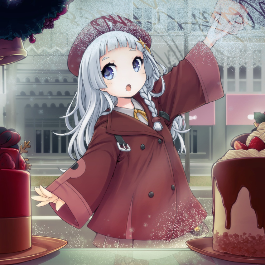 1girl, :o, ahoge, arm_up, bangs, bell, beret, blue_eyes