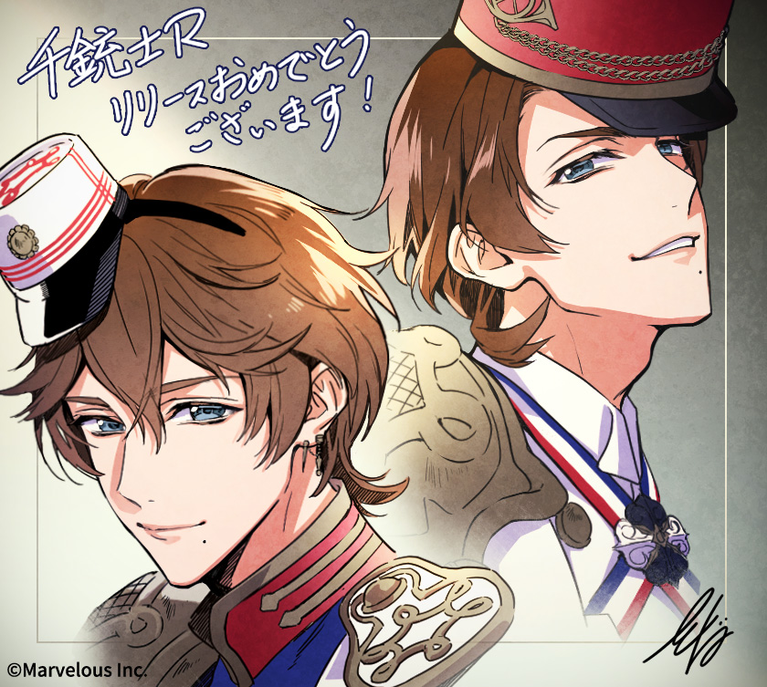 2boys, adam's_apple, armor, blue_eyes, brown_hair, chassepot_(senjuushi), earrings, gras_(senjuushi), hat, jewelry, lips, male_focus, masahisax, military, military_uniform, mole, mole_under_mouth, multiple_boys, multiple_earrings, official_art, senjuushi:_the_thousand_noble_musketeers_rhodoknight, senjuushi_(series), shoulder_armor, signature, smile, uniform