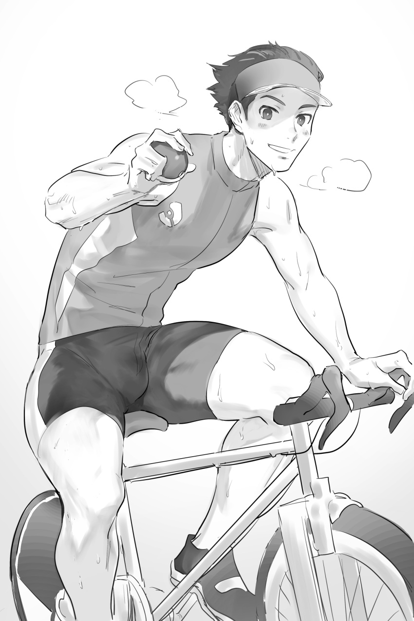 1boy, bicycle, bike_jersey, bike_shorts, blush, bulge, cycling_uniform, cyclist
