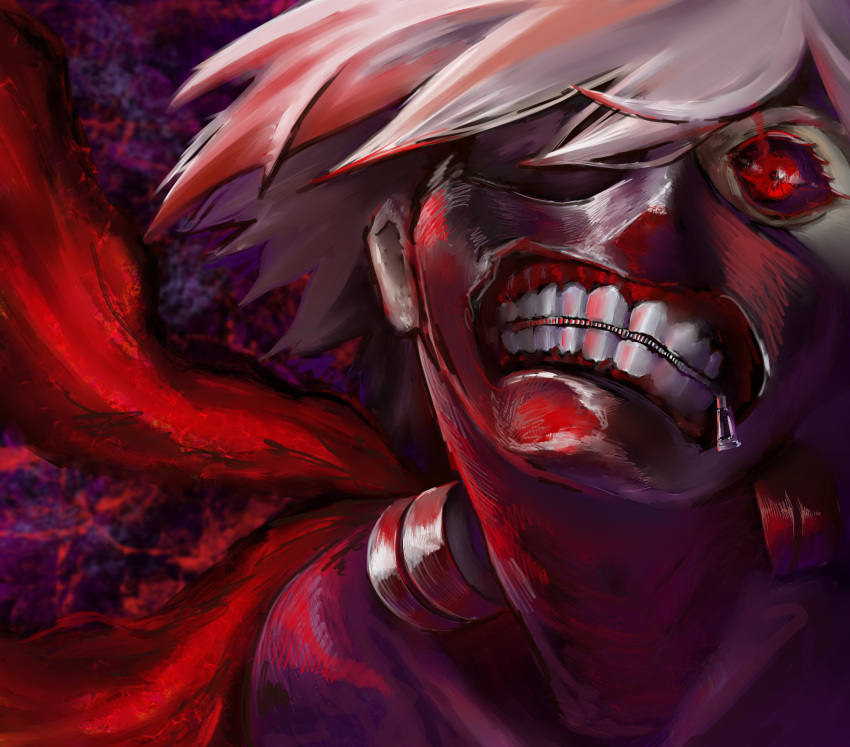 1boy, bangs, black_bodysuit, black_sleeves, bodysuit, commentary_request, grey_hair, highres, kagune_(tokyo_ghoul), kaneki_ken, looking_at_viewer, male_focus, mask, mouth_mask, multicolored_background, portrait, red_eyes, shiny, shiny_clothes, short_hair, teeth, teeth_print, tokyo_ghoul, wuming_(vkfu8353), zipper, zipper_pull_tab