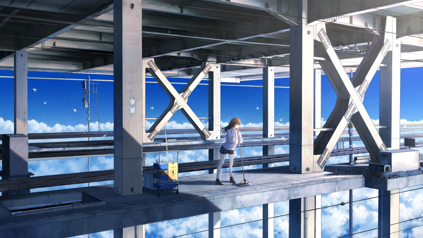 1girl, absurdres, anyotete, bangs, black_footwear, blue_shorts, blue_sky, bottle