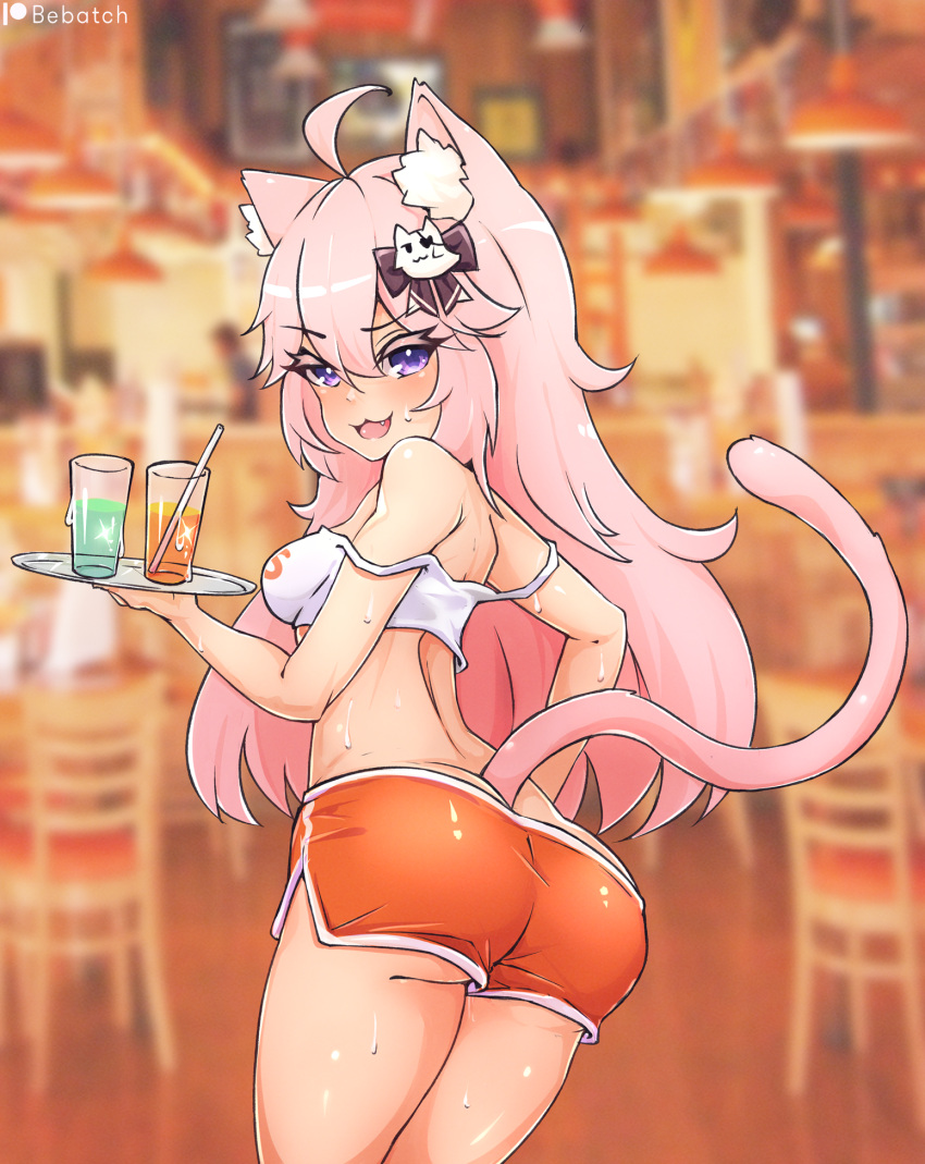 1girl, ahoge, alcohol, animal_ear_fluff, animal_ears, artist_name, ass, back