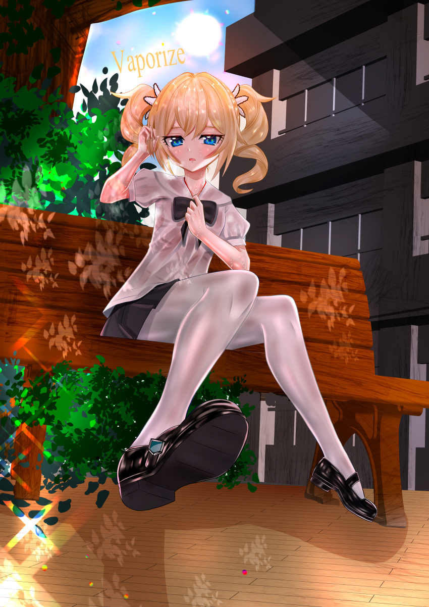 1girl, absurdres, bangs, barbara_(genshin_impact), bench, black_bow, blonde_hair, blue_eyes