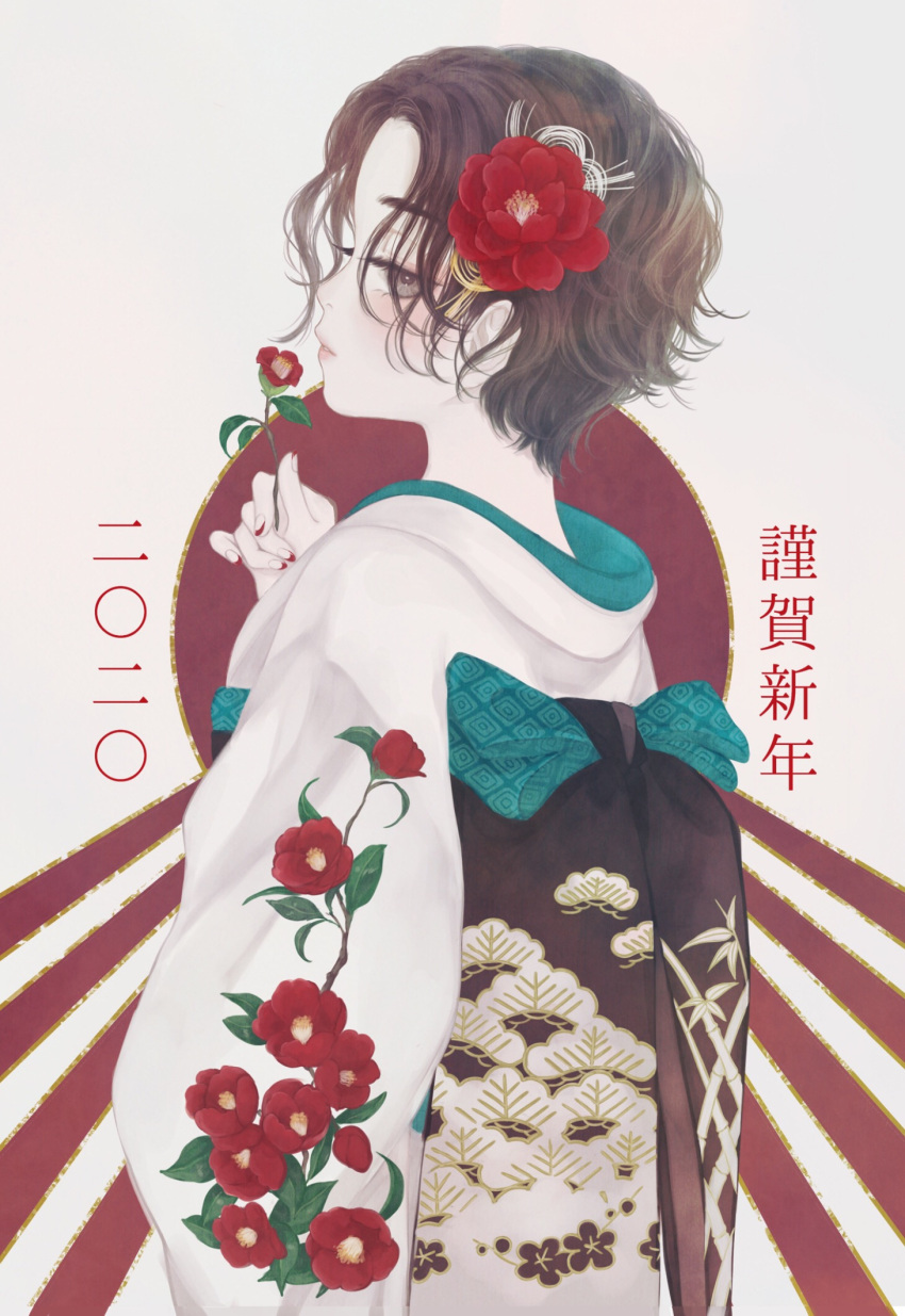 1girl, bamboo_print, brown_eyes, brown_hair, camellia, clothing_request, commentary, fingernails
