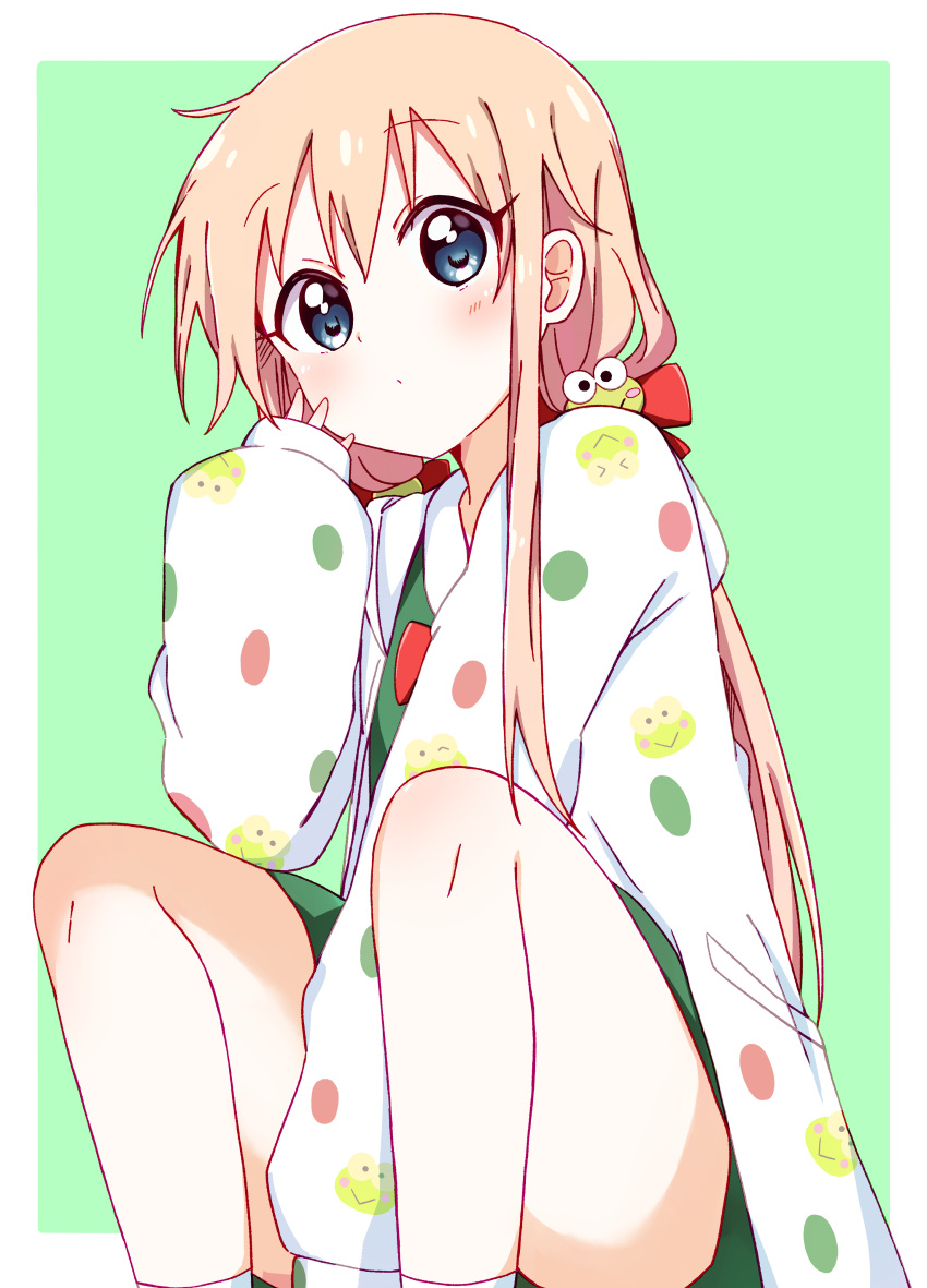 1girl, absurdres, alternate_hairstyle, animal_print, bangs, between_legs, blonde_hair, blue_eyes