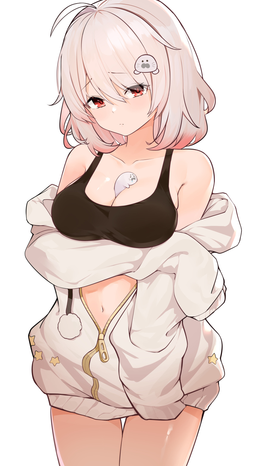 1girl, absurdres, ahoge, animal_between_breasts, animal_hair_ornament, bangs, bare_shoulders, between_breasts