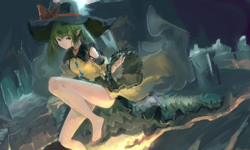 1girl, adapted_costume, bangs, barefoot, clothing_cutout, diao_(nrays), expressionless, eyebrows_visible_through_hair