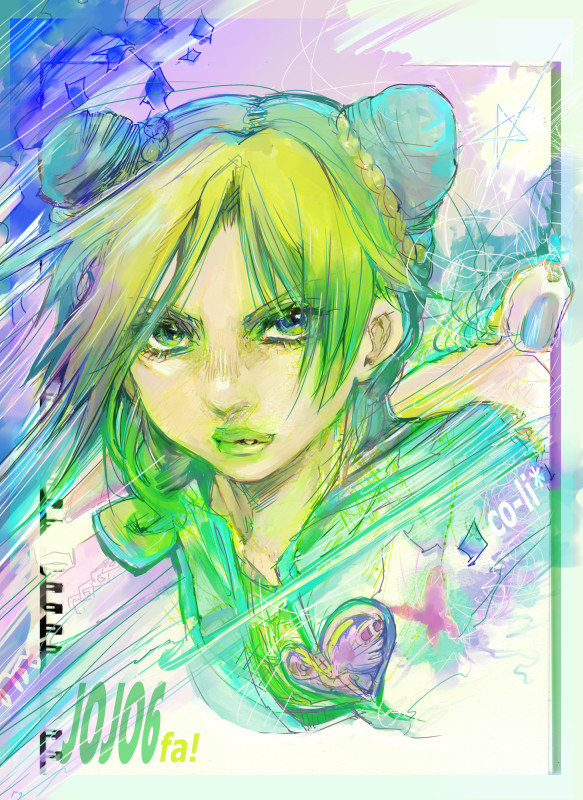 black_hair, braid, braided_bun, double_bun, green_eyes, green_hair, green_lips, heart