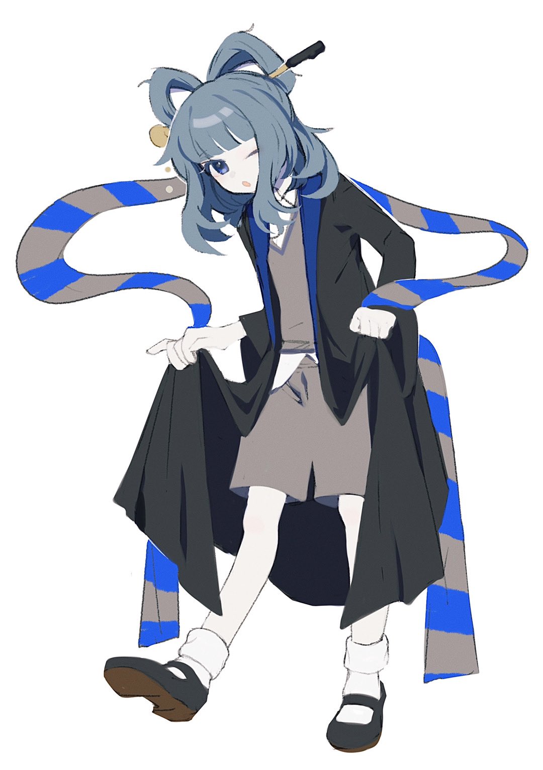 1girl, ;o, alternate_costume, bangs, blue_eyes, blue_hair, blunt_bangs, full_body, hagoromo, hair_ornament, hair_rings, hair_stick, harry_potter_(series), highres, kaku_seiga, ladenaku, lifted_by_self, long_hair, looking_at_viewer, one_eye_closed, open_mouth, shawl, shorts, simple_background, solo, touhou, walking, white_background
