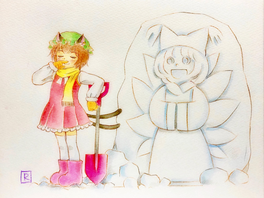 1girl, :d, animal_ears, boots, cat_ears, character_snowman, chen, closed_eyes