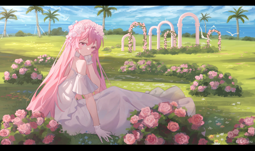 1girl, bird, bride, day, dress, floral_arch, flower, gloves, grass, hair_flower, hair_ornament, highres, lantian_lanz, letterboxed, looking_at_viewer, original, outdoors, palm_tree, pink_eyes, pink_hair, short_sleeves, sitting, tree, water, white_dress, white_gloves