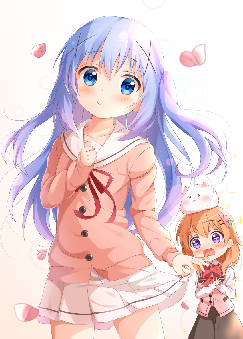 2girls, absurdres, angora_rabbit, animal, black_skirt, blue_eyes, blue_hair, blush