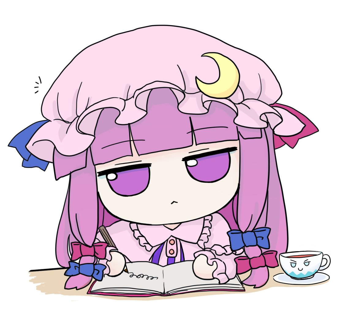 1girl, :<, capelet, character_doll, coffee_cup, crescent, crescent_hat_ornament, crescent_pin